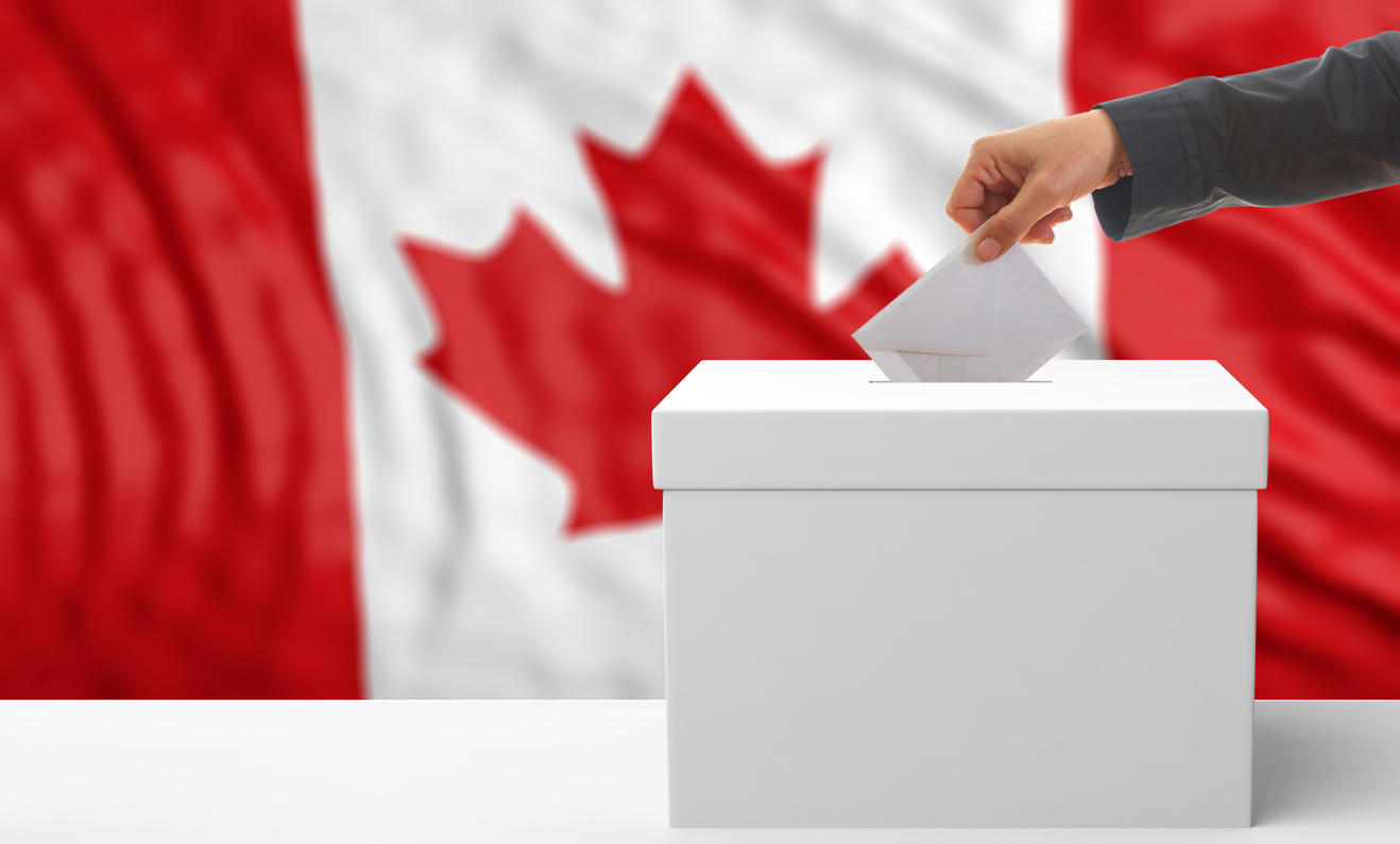 Voter on a Canada flag background. 3d illustration